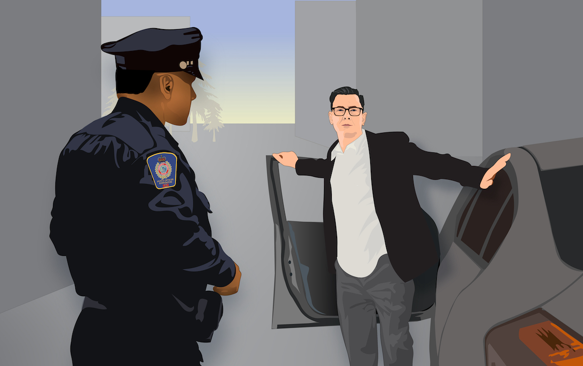 A police officer approaching a drunk driver exiting a car